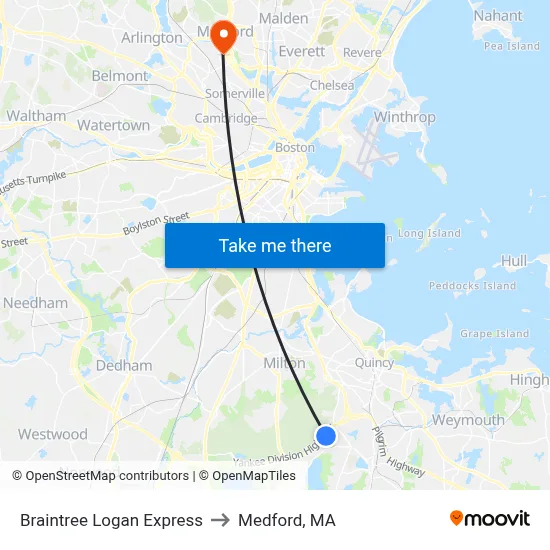Braintree Logan Express to Medford, MA map