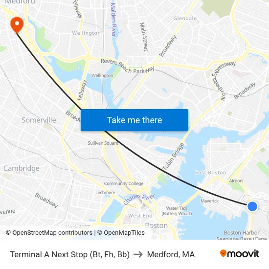 Terminal A Next Stop (Bt, Fh, Bb) to Medford, MA map
