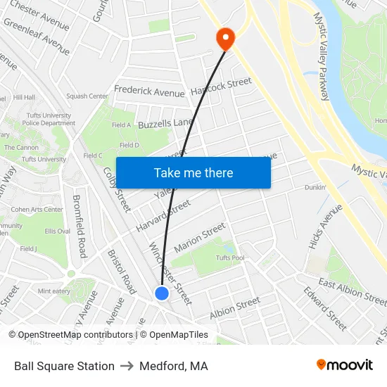 Ball Square Station to Medford, MA map