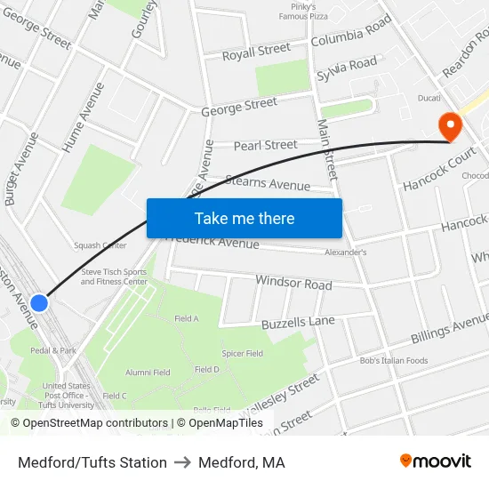 Medford/Tufts Station to Medford, MA map