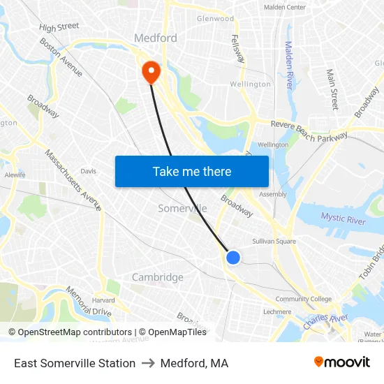 East Somerville Station to Medford, MA map