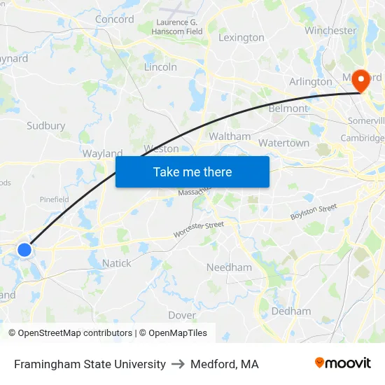 Framingham State University to Medford, MA map