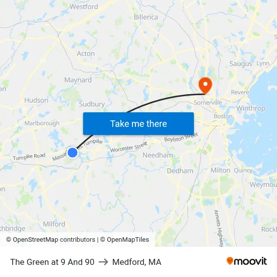 The Green at 9 And 90 to Medford, MA map