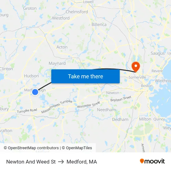 Newton And Weed St to Medford, MA map
