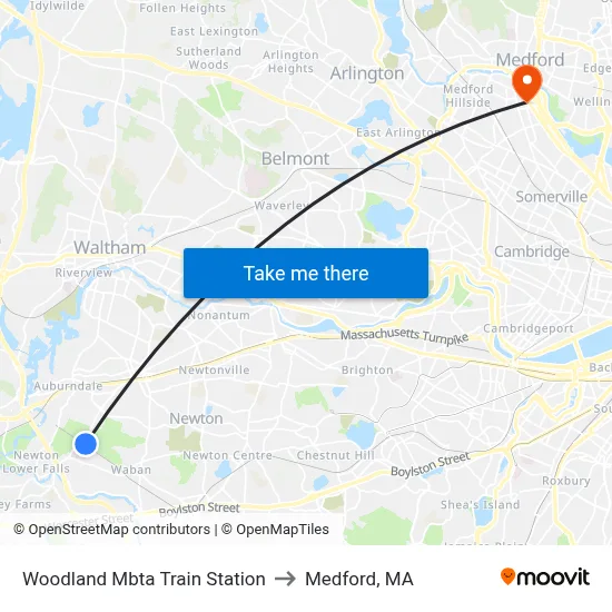 Woodland Mbta Train Station to Medford, MA map