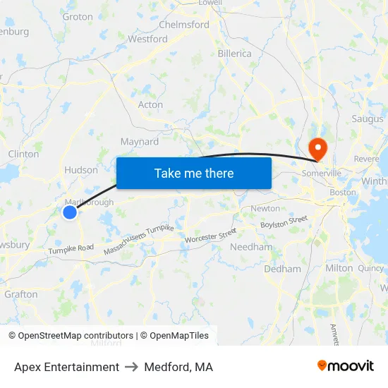Apex Entertainment to Medford, MA map