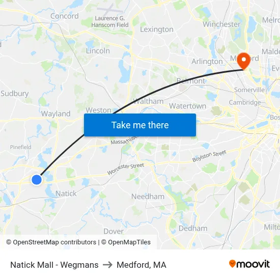 Natick Mall - Wegmans to Medford, MA map