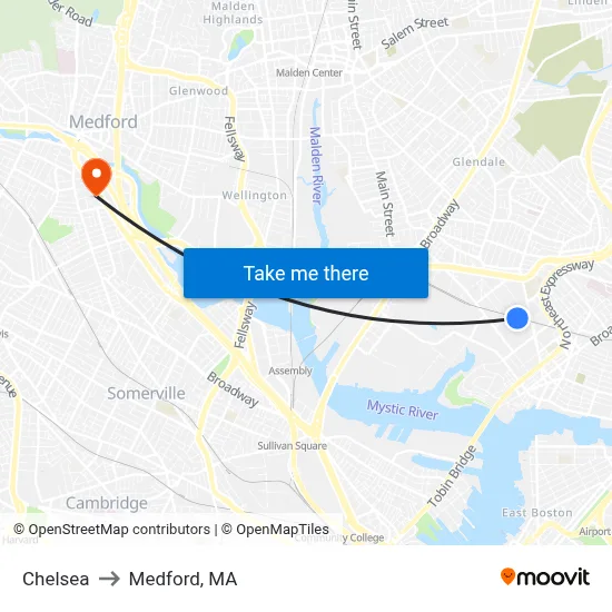 Chelsea to Medford, MA map