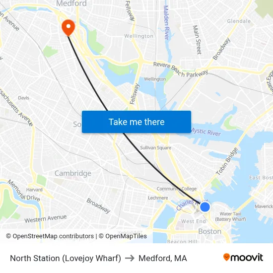 North Station (Lovejoy Wharf) to Medford, MA map