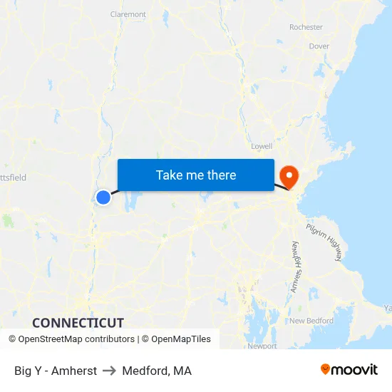 Big Y - Amherst to Medford, MA map