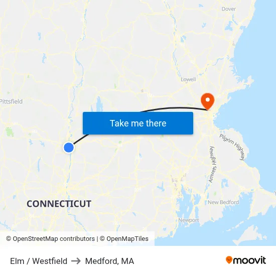 Elm / Westfield to Medford, MA map