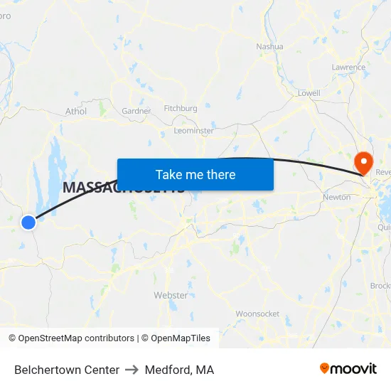 Belchertown Center to Medford, MA map