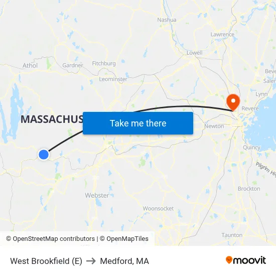 West Brookfield (E) to Medford, MA map
