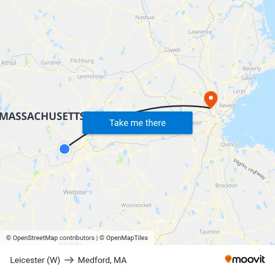 Leicester (W) to Medford, MA map