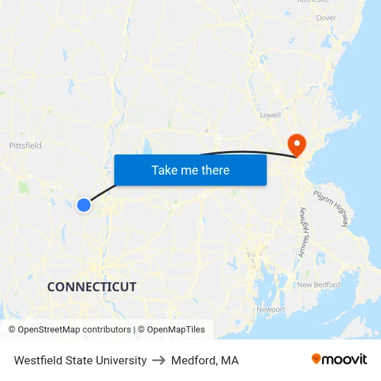 Westfield State University to Medford, MA map