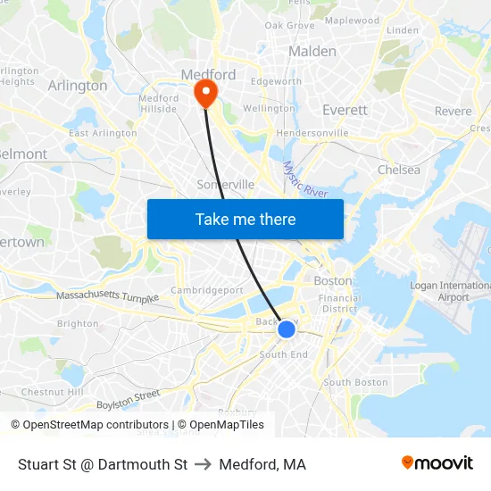 Stuart St @ Dartmouth St to Medford, MA map