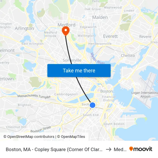 Boston, MA - Copley Square (Corner Of Clarendon St. & St. James Ave. In Front Of Trinity Church) to Medford, MA map