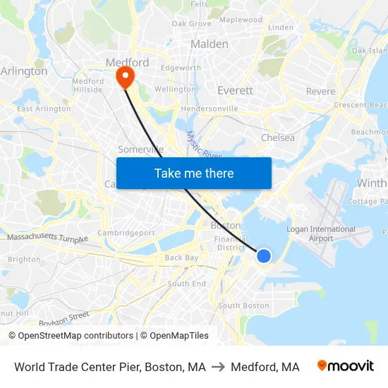 World Trade Center Pier, Boston, MA to Medford, MA map