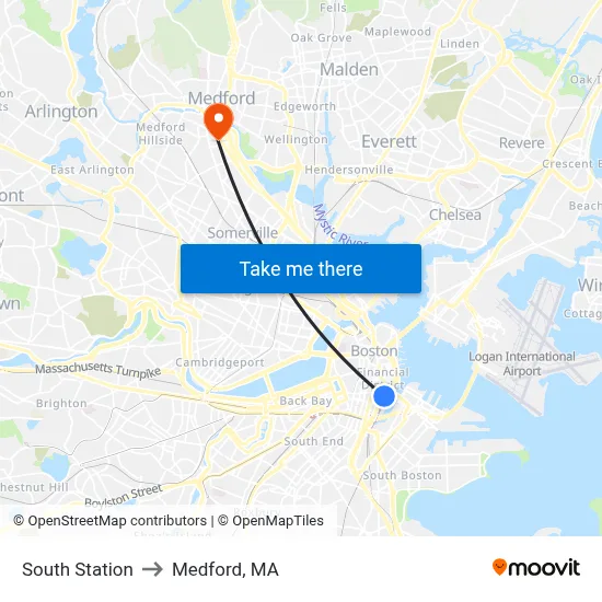 South Station to Medford, MA map
