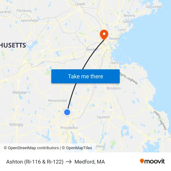 Ashton (Ri-116 & Ri-122) to Medford, MA map