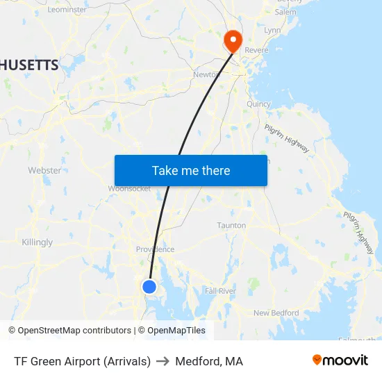TF Green Airport (Arrivals) to Medford, MA map