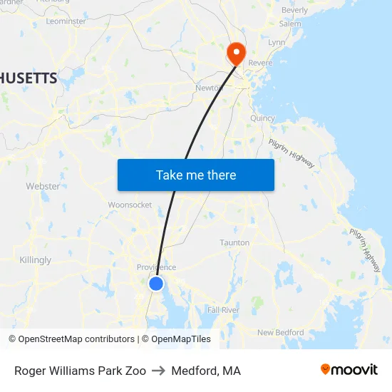 Roger Williams Park Zoo to Medford, MA map