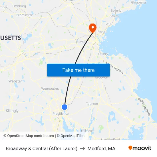 Broadway & Central (After Laurel) to Medford, MA map