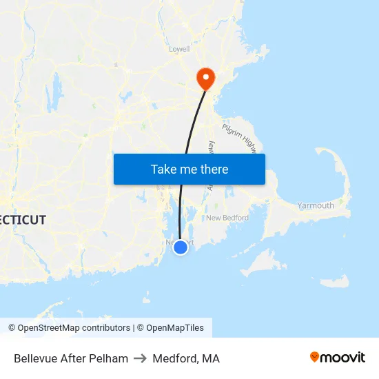 Bellevue After Pelham to Medford, MA map