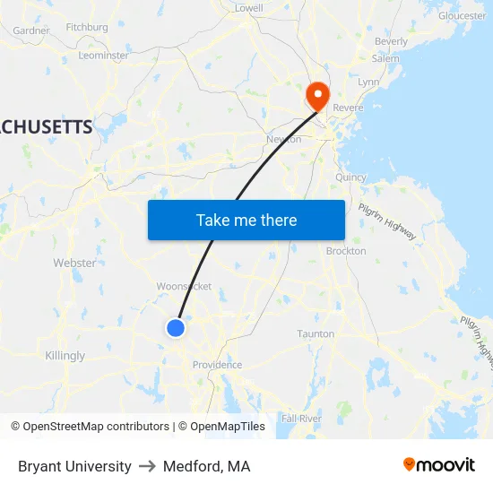 Bryant University to Medford, MA map