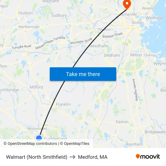 Walmart (North Smithfield) to Medford, MA map
