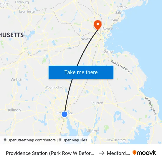 Providence Station (Park Row W Before Exchange) to Medford, MA map