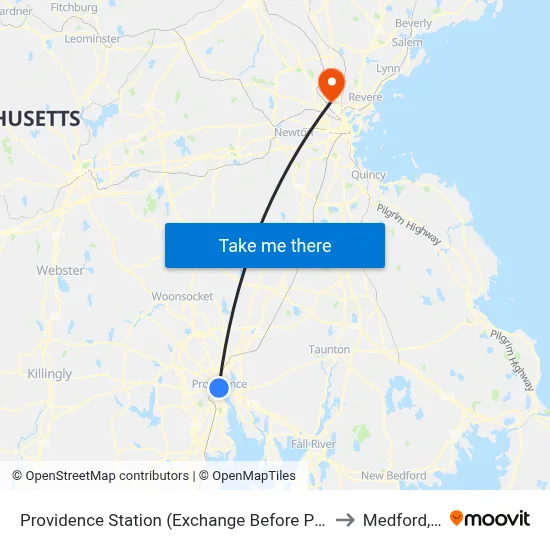 Providence Station (Exchange Before Park Row W) to Medford, MA map