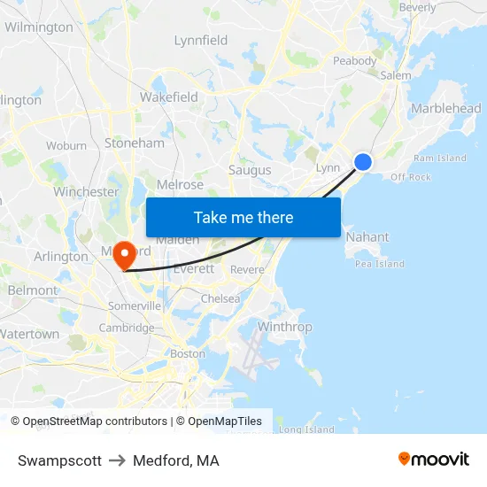 Swampscott to Medford, MA map