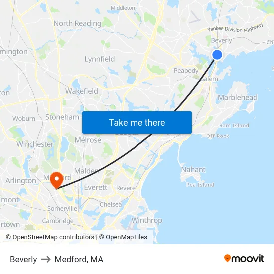 Beverly to Medford, MA map
