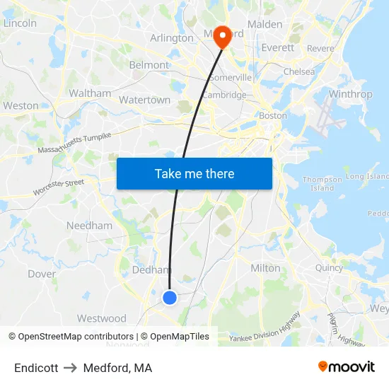 Endicott to Medford, MA map