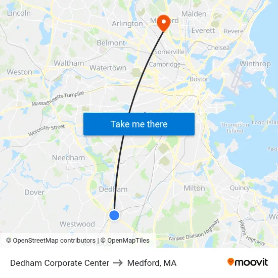 Dedham Corporate Center to Medford, MA map