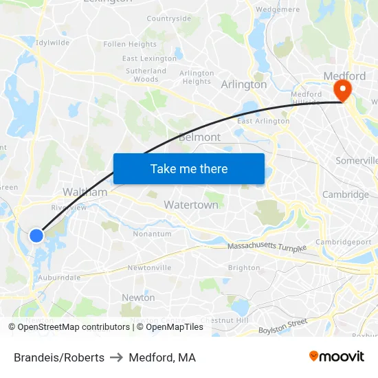 Brandeis/Roberts to Medford, MA map