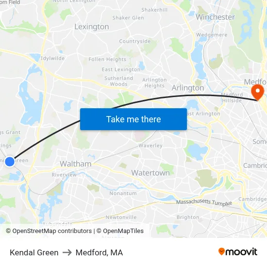 Kendal Green to Medford, MA map