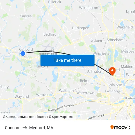 Concord to Medford, MA map