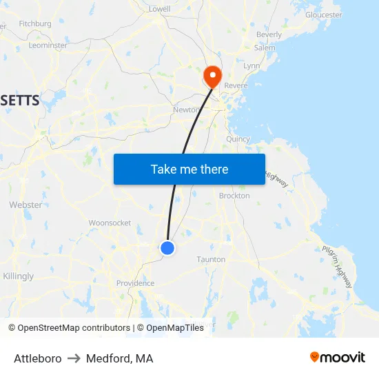 Attleboro to Medford, MA map