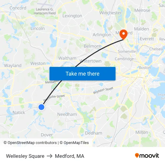 Wellesley Square to Medford, MA map