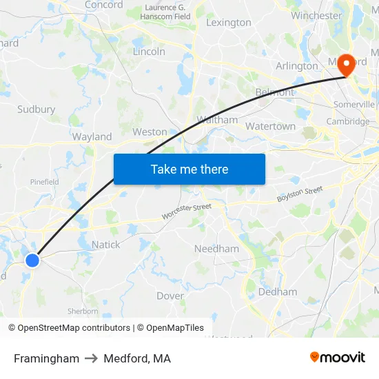 Framingham to Medford, MA map