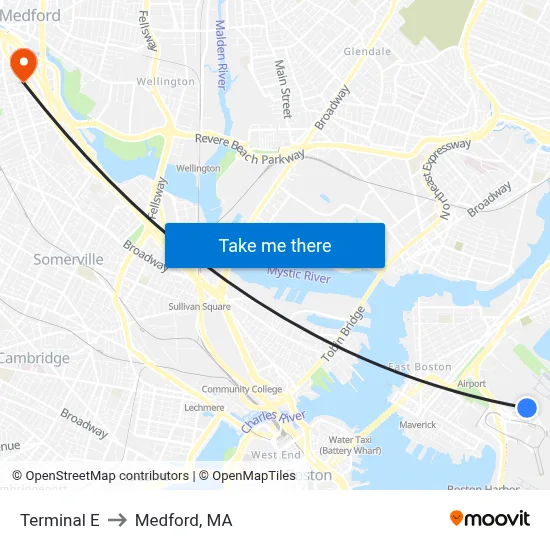 Terminal E to Medford, MA map