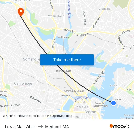 Lewis Mall Wharf to Medford, MA map
