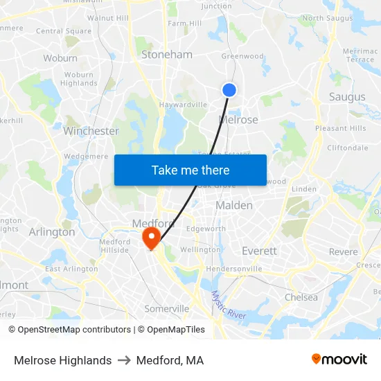Melrose Highlands to Medford, MA map