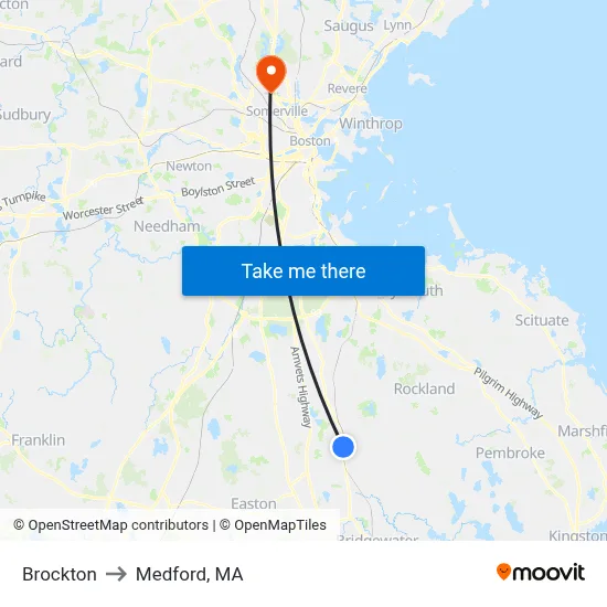 Brockton to Medford, MA map