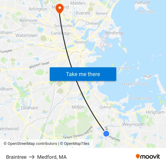 Braintree to Medford, MA map