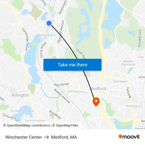 Winchester Center to Medford, MA map