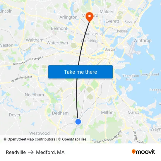 Readville to Medford, MA map