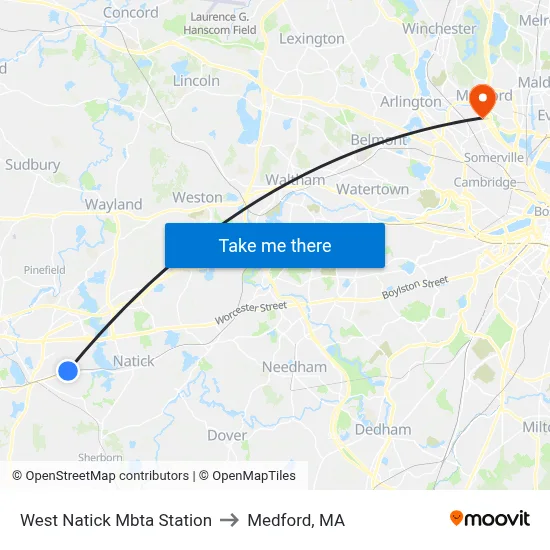 West Natick Mbta Station to Medford, MA map